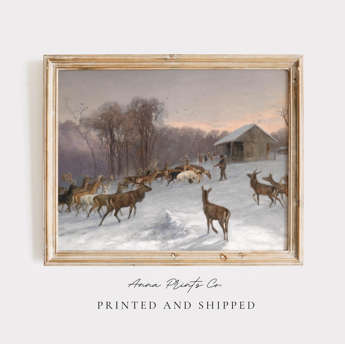 Feeding Deer In The Snow Winter Herd Antique Wildlife Painting Print