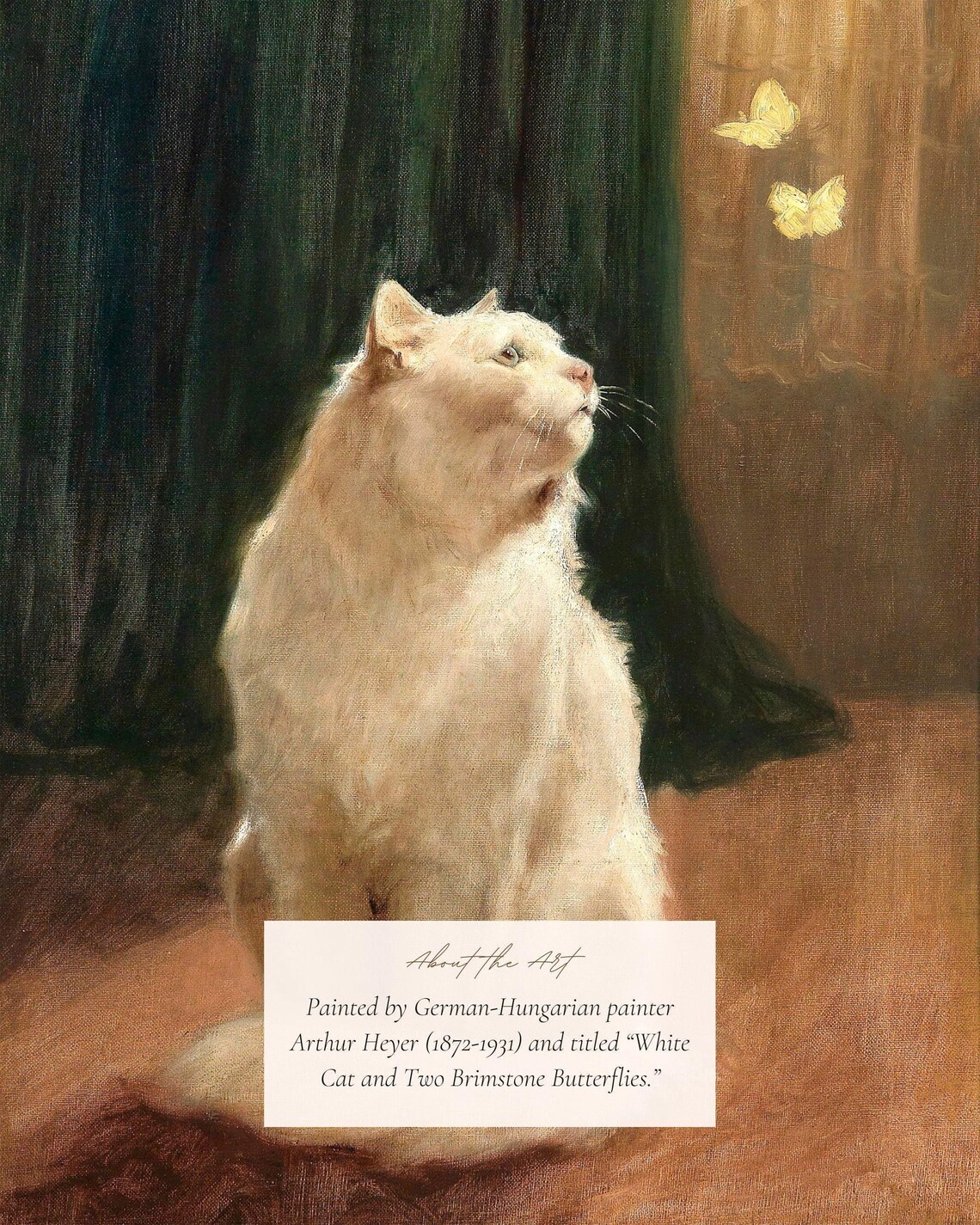 White Cat With Butterflies, Vintage Oil Painting Print - Image 2