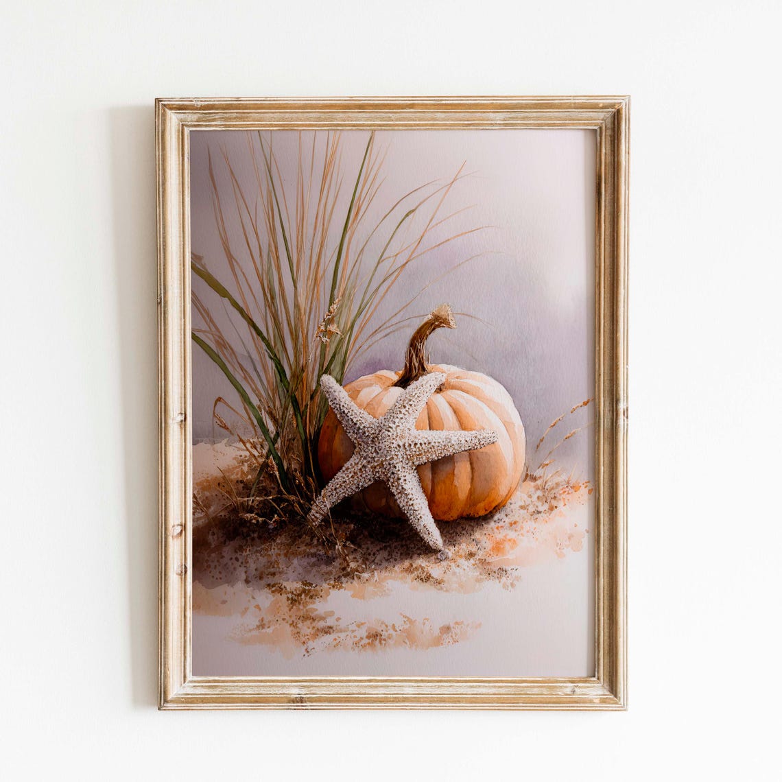 Coastal Fall Pumpkin Watercolor Painting Sand Dune Sea Grass Art