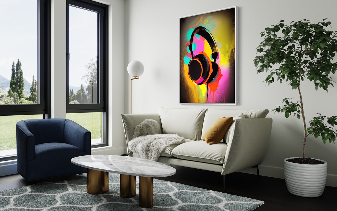 Neon Graffiti Headphones Music Art Poster in Bold Street Style - Image 2