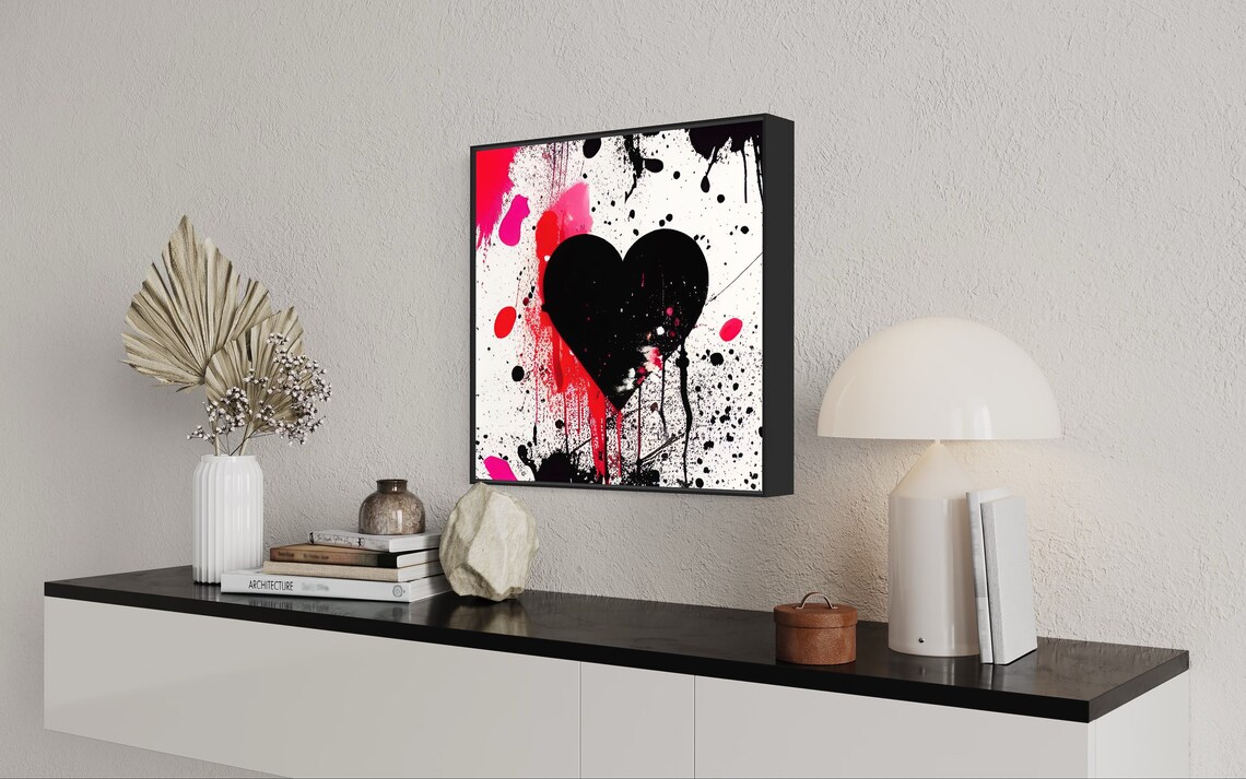 Black Heart Graffiti Splatter Art Poster in Pink Red and White - Image 2