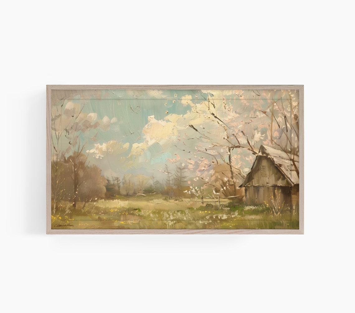 Spring Barn Blossom Trees Impressionist Country Meadow Wall Art