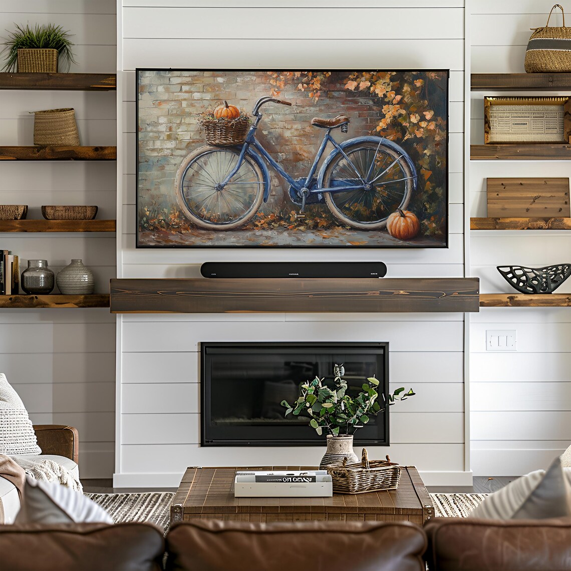 Blue Bicycle With Pumpkin Basket Fall Brick Wall Autumn Harvest Wall Art - Image 2