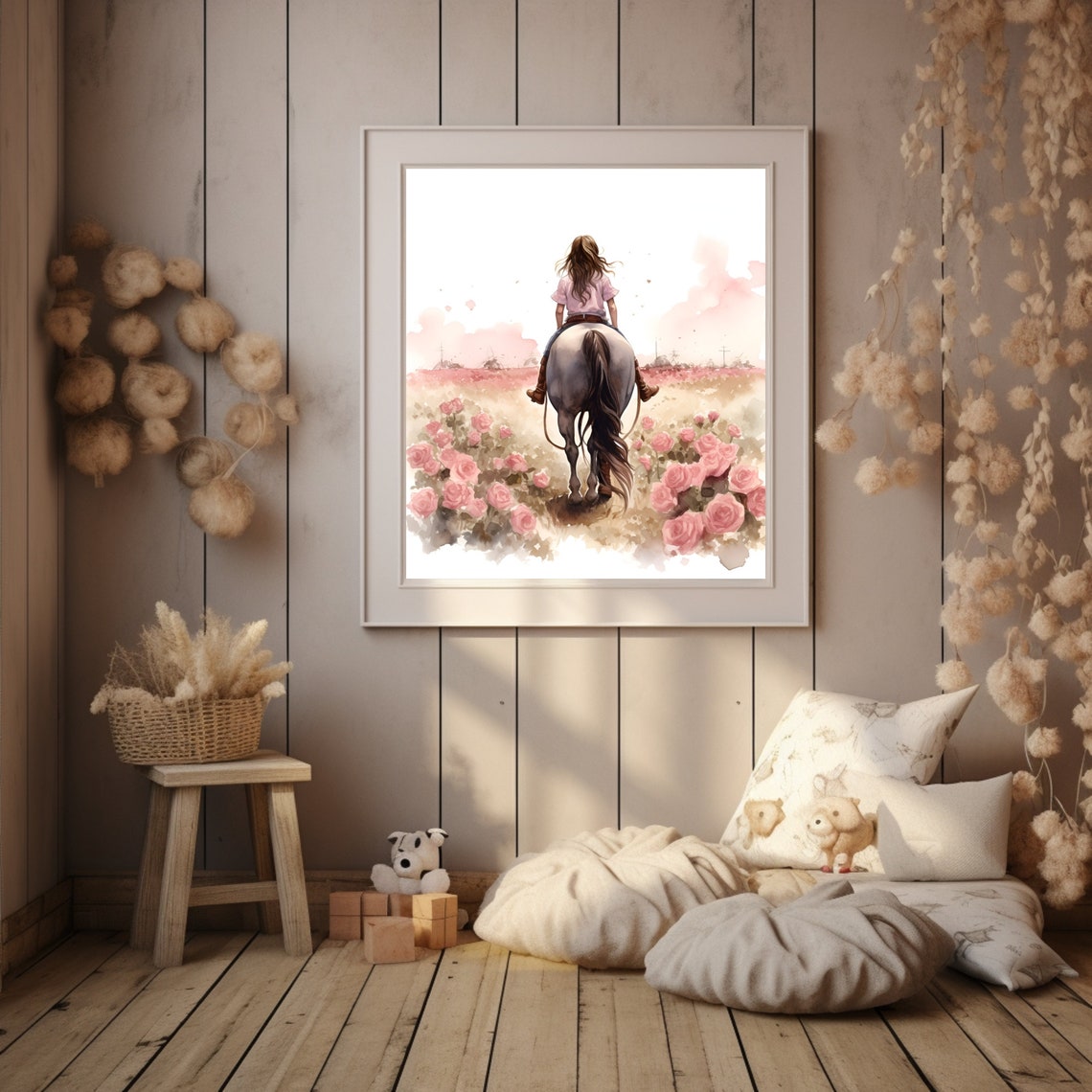 Girl Riding Horse In Wildflower Field Watercolor Painting Girl Nursery Art Print Horse Room Decor Print Art Girls Room Art - Image 3
