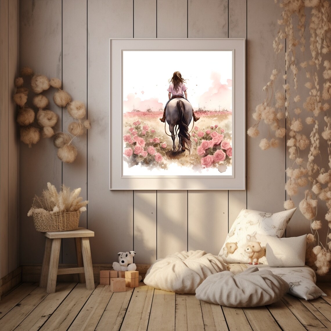 Girl Riding Horse Through Pink Roses Watercolor Nursery Scene Poster - Image 3