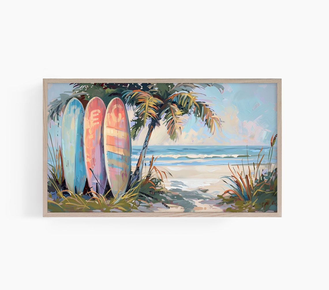Colorful Surfboards Under a Palm Tree on the Beach Painting Poster