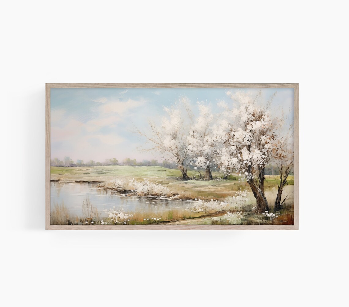 Spring Blossom Trees Pond Pastel Landscape Painting Art Poster