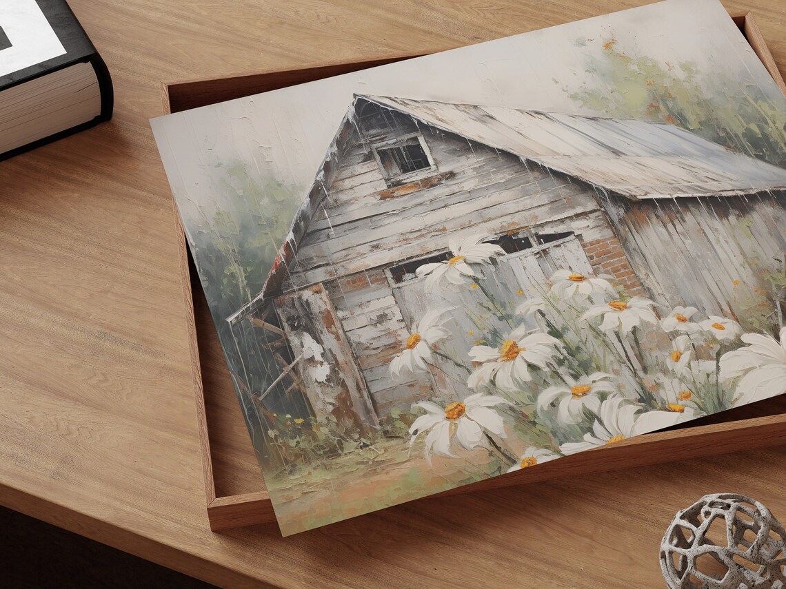 Weathered White Barn Daisy Field Rustic Oil Painting Wall Art - Image 2