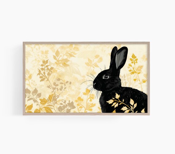 Black Rabbit Golden Floral Pattern Bold Vintage Easter Bunny Poster