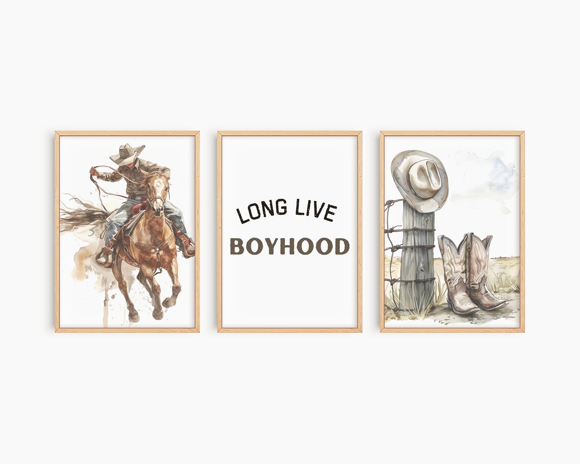 Long Live Boyhood Cowboy Horse Set of Three Nursery Room Poster