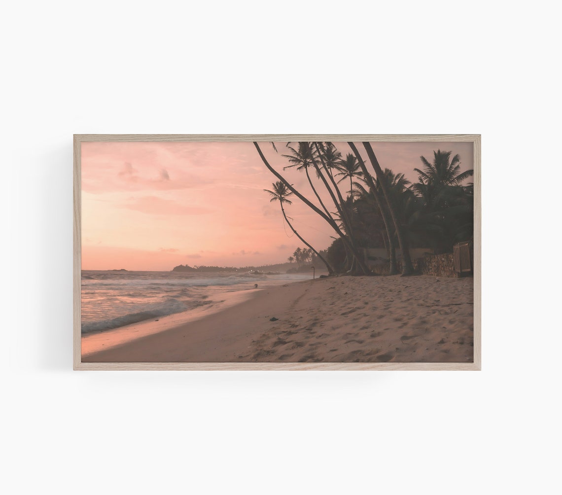 Pink Sunset Tropical Beach Leaning Palm Trees Romantic Photo Poster