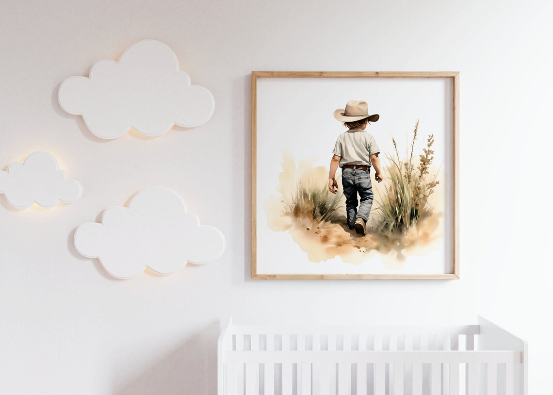 Little Cowboy Boy Walking Desert Trail Watercolor Nursery Wall Art - Image 3