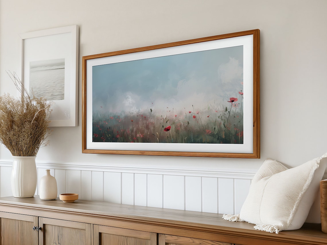 Red Wildflowers Moody Blue Green Misty Field Painting Poster - Image 3