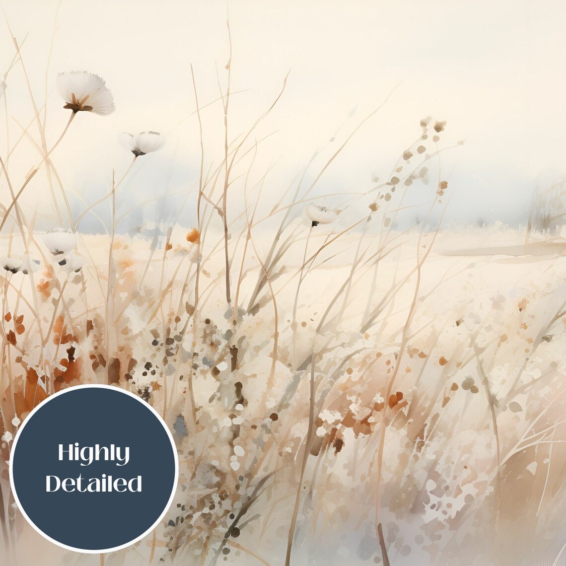 White Wildflower Meadow Watercolor Landscape Painting Poster - Image 2