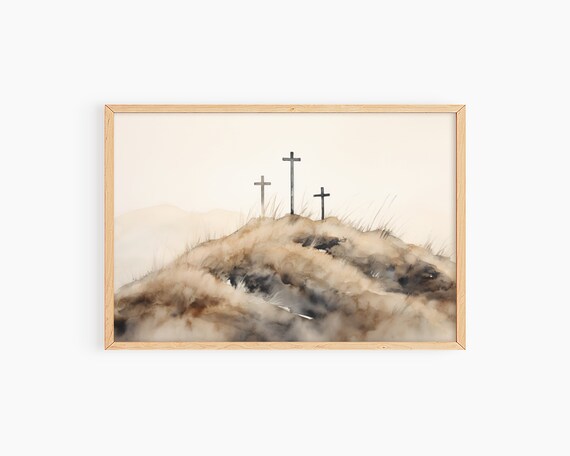 Three Crosses on Hill Soft Beige Watercolor Easter Art Poster