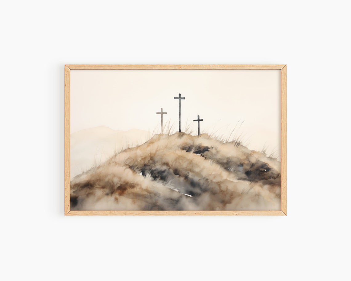 Three Crosses on Hill Soft Beige Watercolor Easter Art Poster