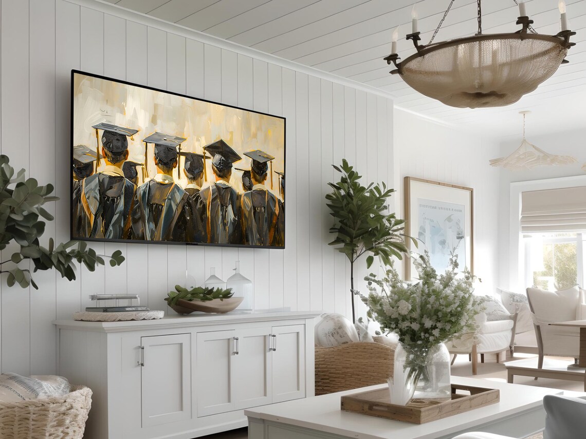 College Graduates Caps Gowns From Behind Oil Painting Art Poster - Image 3