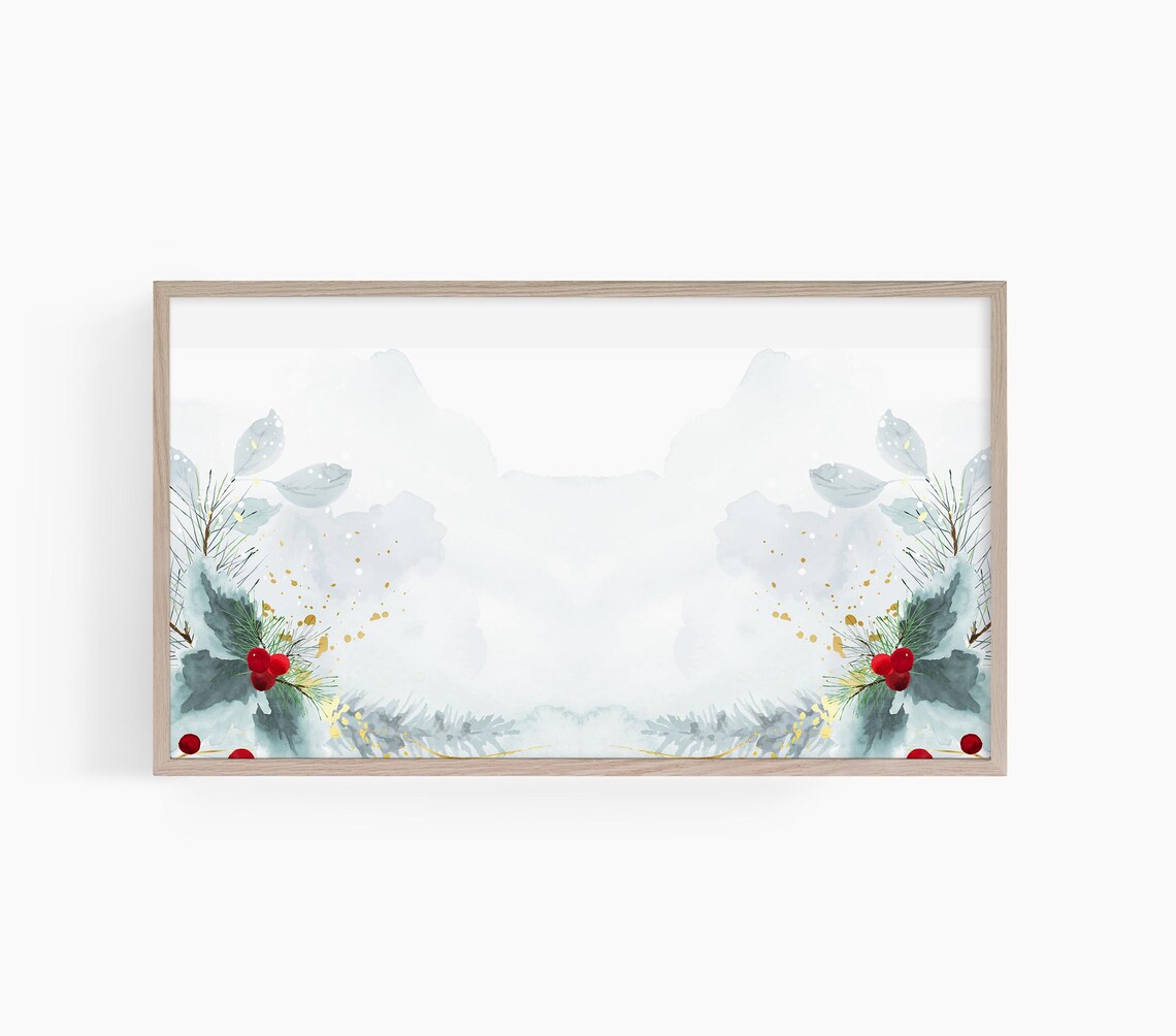 Watercolor Holly Pine Branch Border Neutral Christmas Poster