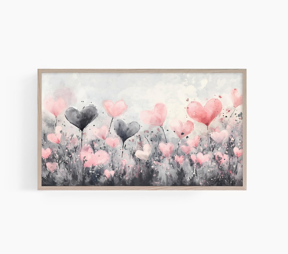 Pink Watercolor Heart Flower Field Sweet Romantic Nursery Poster