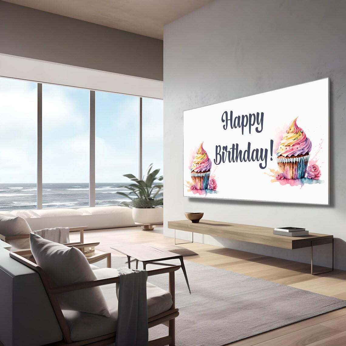 Happy Birthday Watercolor Cupcakes Sweet Party Decor Art Poster - Image 3