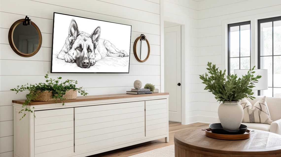 Loyal German Shepherd Black Pencil Sketch Resting Dog Art Poster - Image 2
