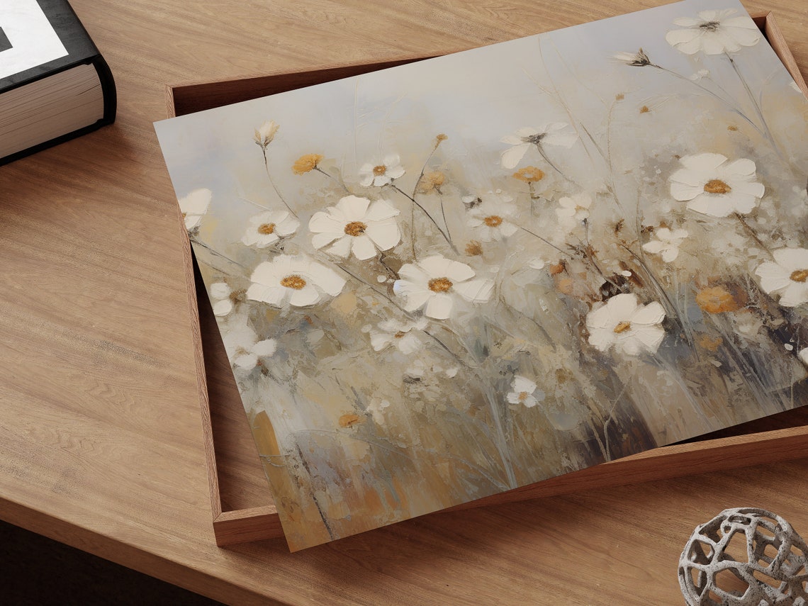 White Daisies Wildflowers Soft Beige Floral Wall Decor Poster - Image 2