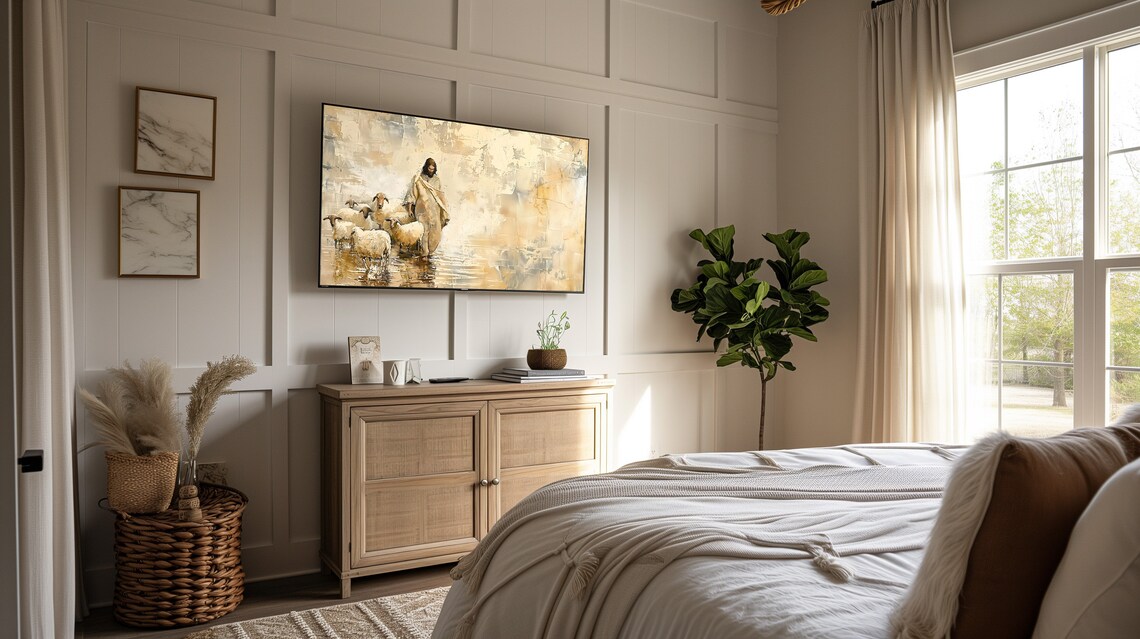 Jesus Good Shepherd Sheep Textured Faith Oil Painting Poster - Image 2