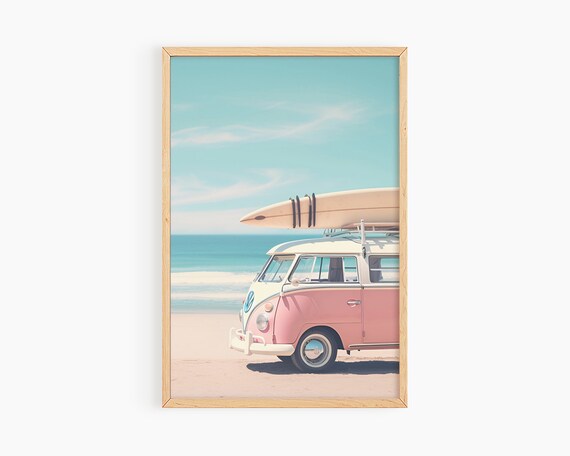 Pink VW Bus With Surfboard Beach Retro Summer Vintage Photo Poster