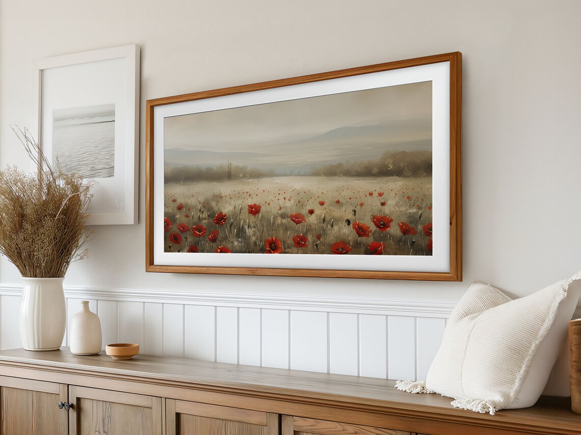 Red Poppy Field Hills Impressionist Wildflower Landscape Poster - Image 3