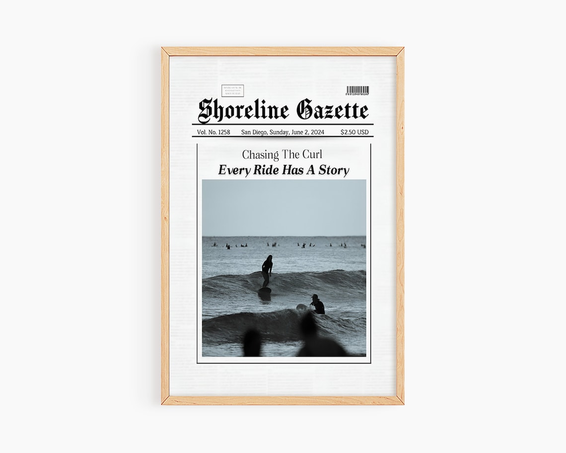 Shoreline Gazette Surfing Newspaper Black and White Surf Poster