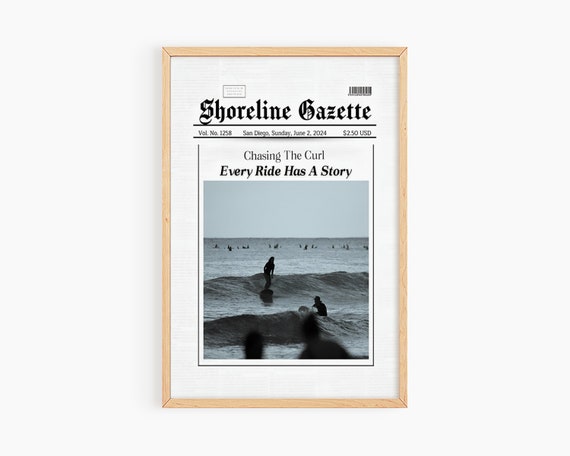Surfer Print Newspaper Cover Wall Art Preppy Coastal Art Surf Wall Art Trendy Coastal Newspaper Wall Art S059