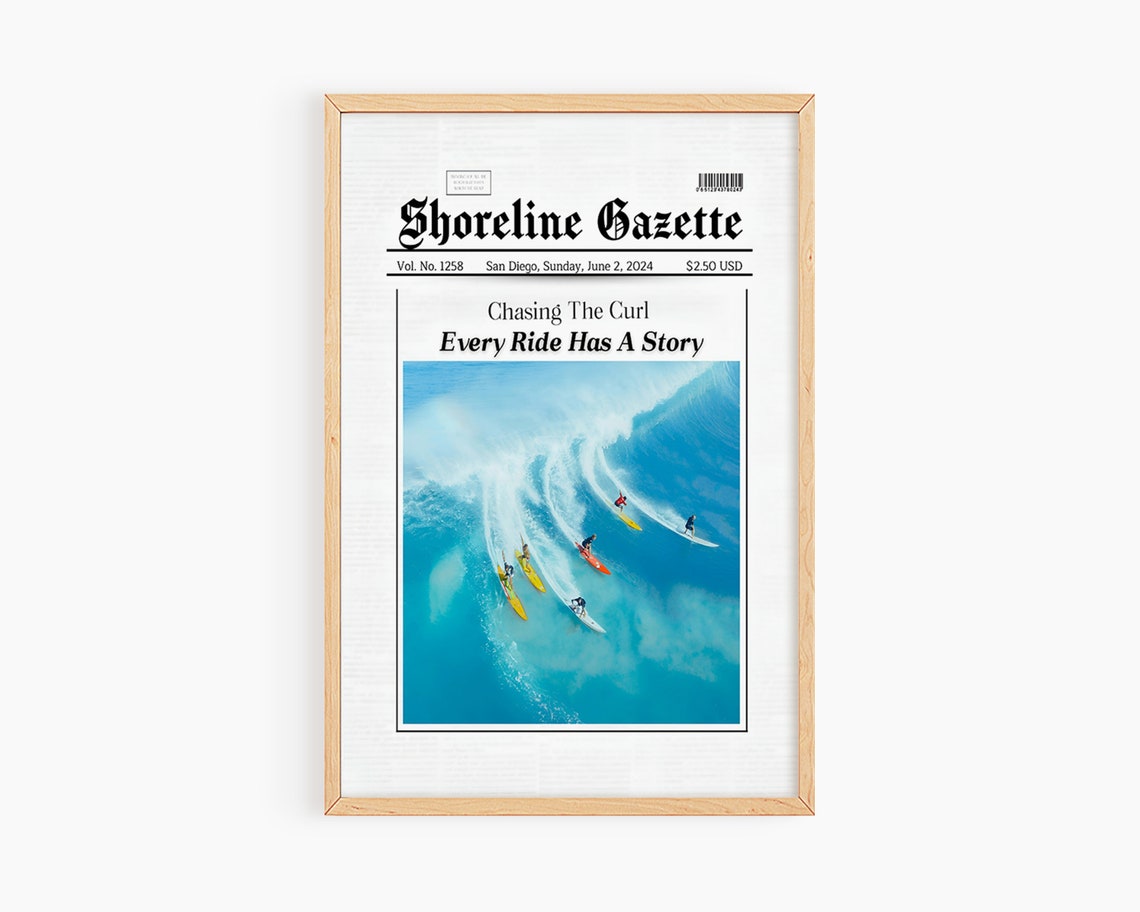 Shoreline Gazette Surfing Newspaper Headline Chasing the Curl Poster