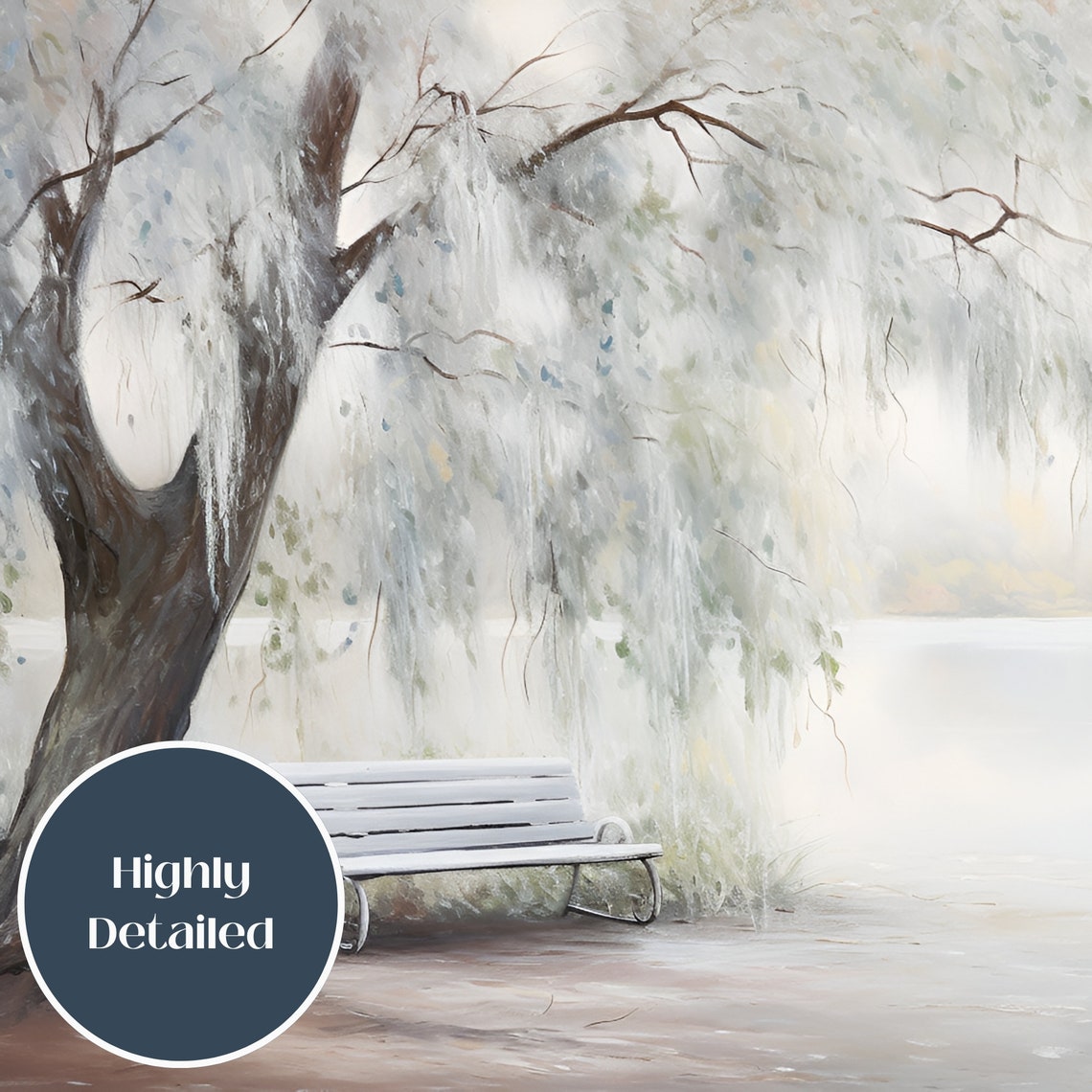 Misty Lakeside Bench Under Weeping Willow Tree Watercolor Poster - Image 3