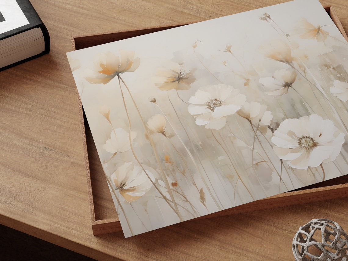 Soft White Cosmos Wildflowers Light Watercolor Floral Poster - Image 2