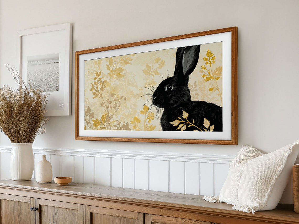Black Rabbit Golden Floral Pattern Bold Vintage Easter Bunny Poster - Image 3