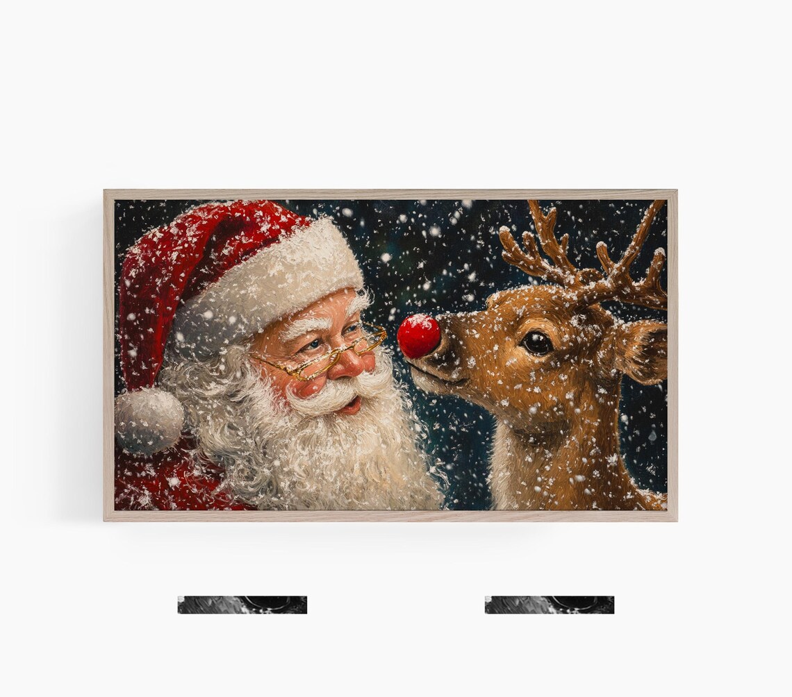 Santa Claus And Rudolph Snowy Night Vintage Style Painting Poster