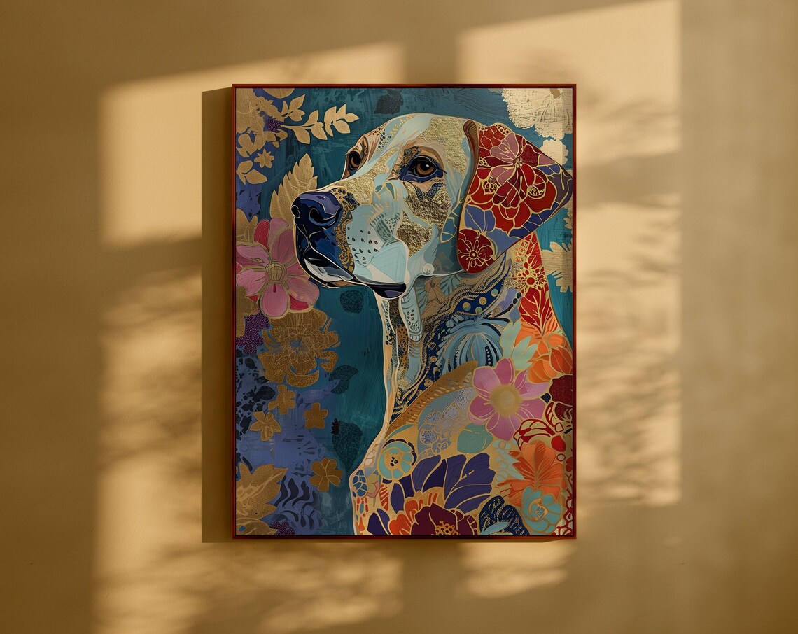 Floral Pattern Dog Portrait in Blue and Gold Boho Art Poster