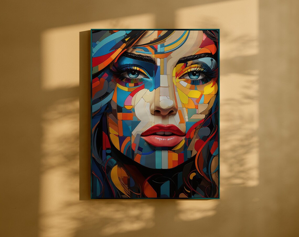 Vibrant Cubist Mosaic Woman Face with Red Lips Closeup Poster