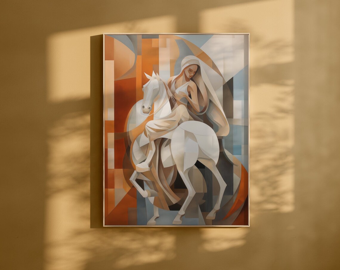 Woman Embracing White Horse Cubist Style Warm Earth Tones Poster
