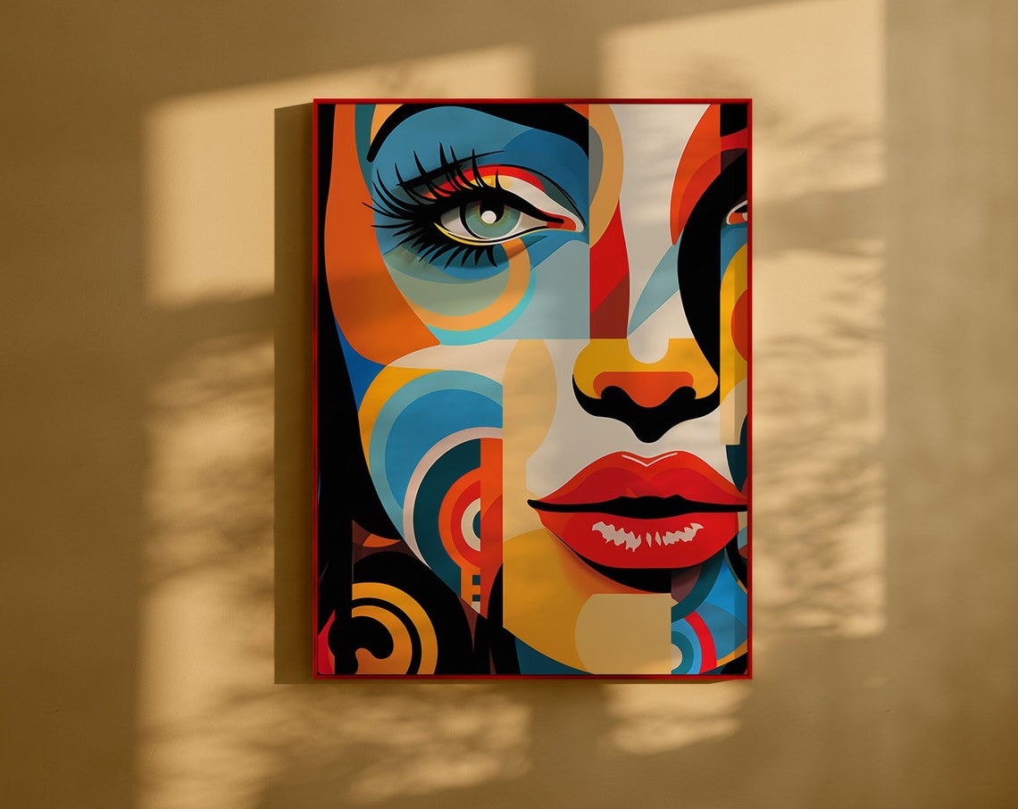 Bold Pop Art Cubist Woman Face with Red Lips and Blue Geometry Poster