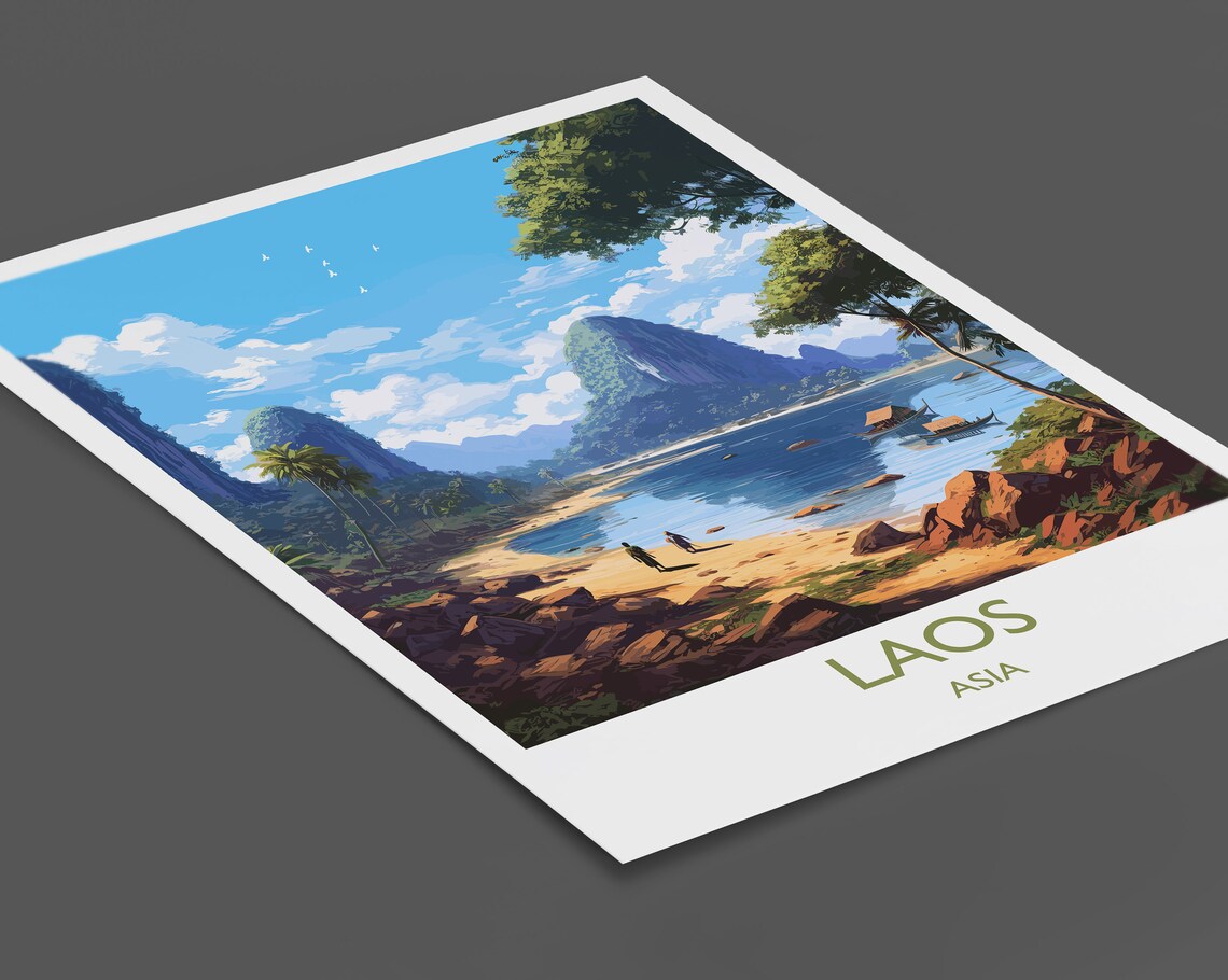 Laos Asia Tropical Beach Karst Hills Boats Scenic Travel Poster - Image 2