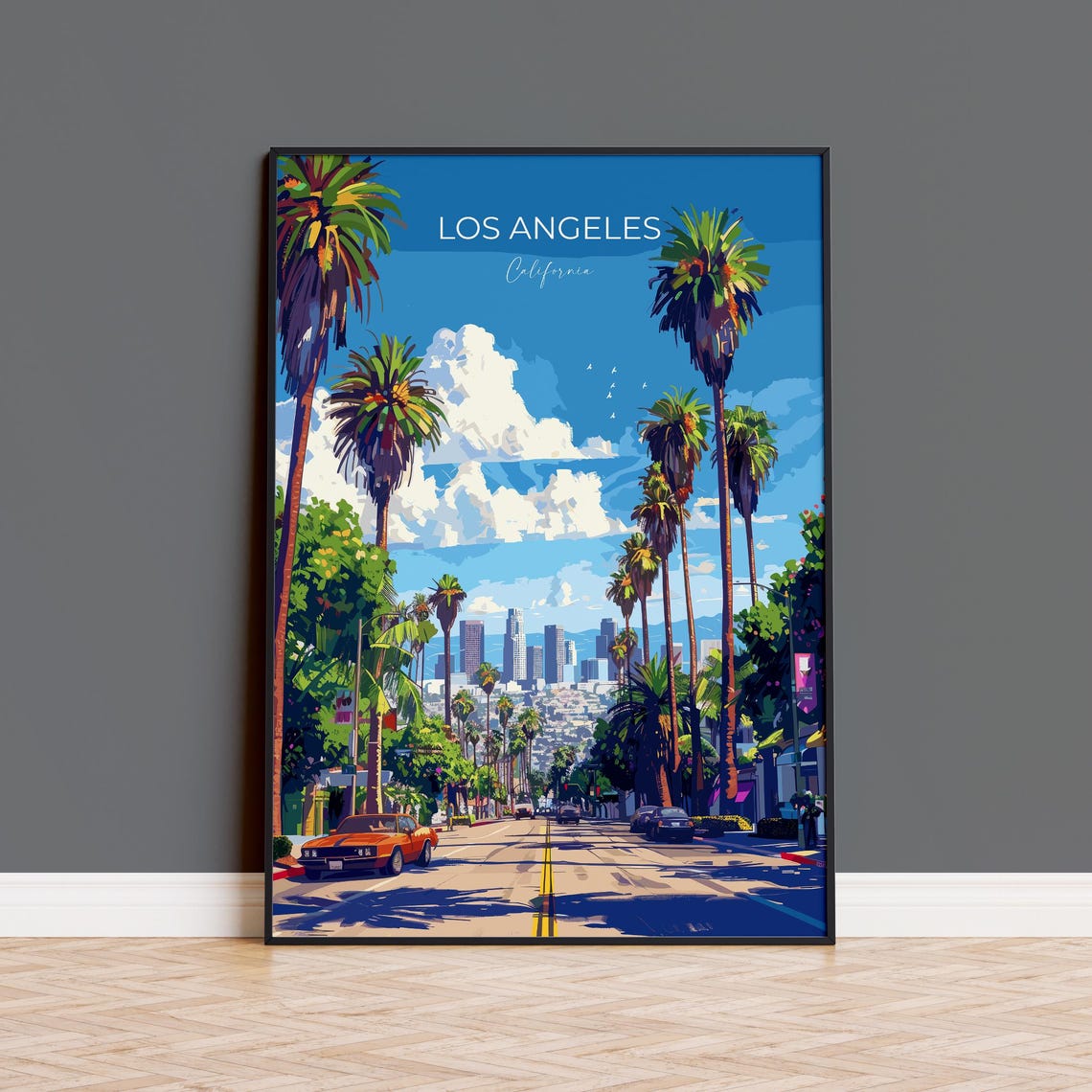 Los Angeles Palm Lined Avenue Downtown Top Lettering Travel Poster