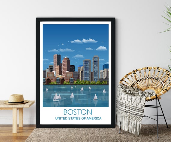 Boston Cityscape Travel Poster, Massachusetts Skyline