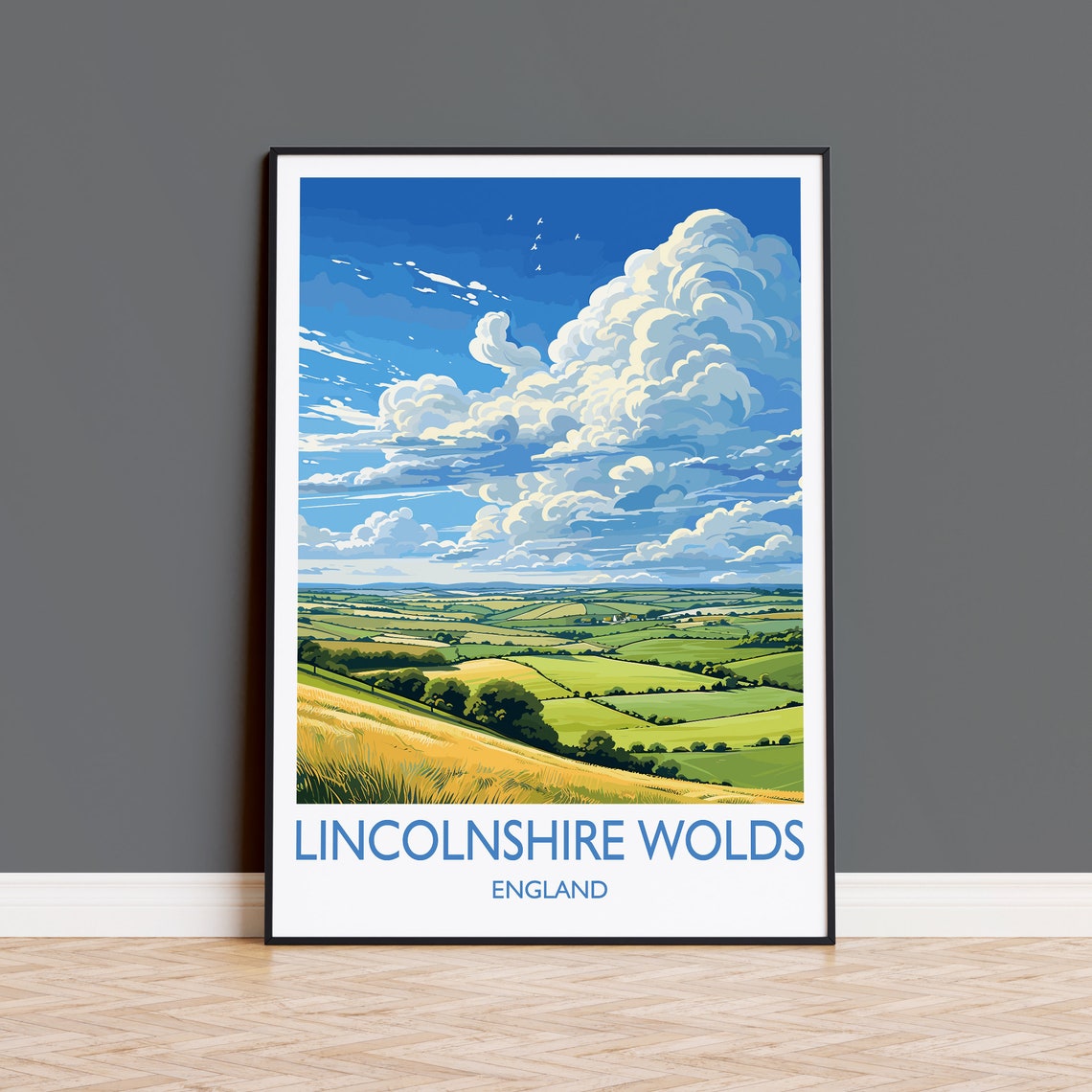 Lincolnshire Wolds England Rolling Green Fields Sky Travel Poster
