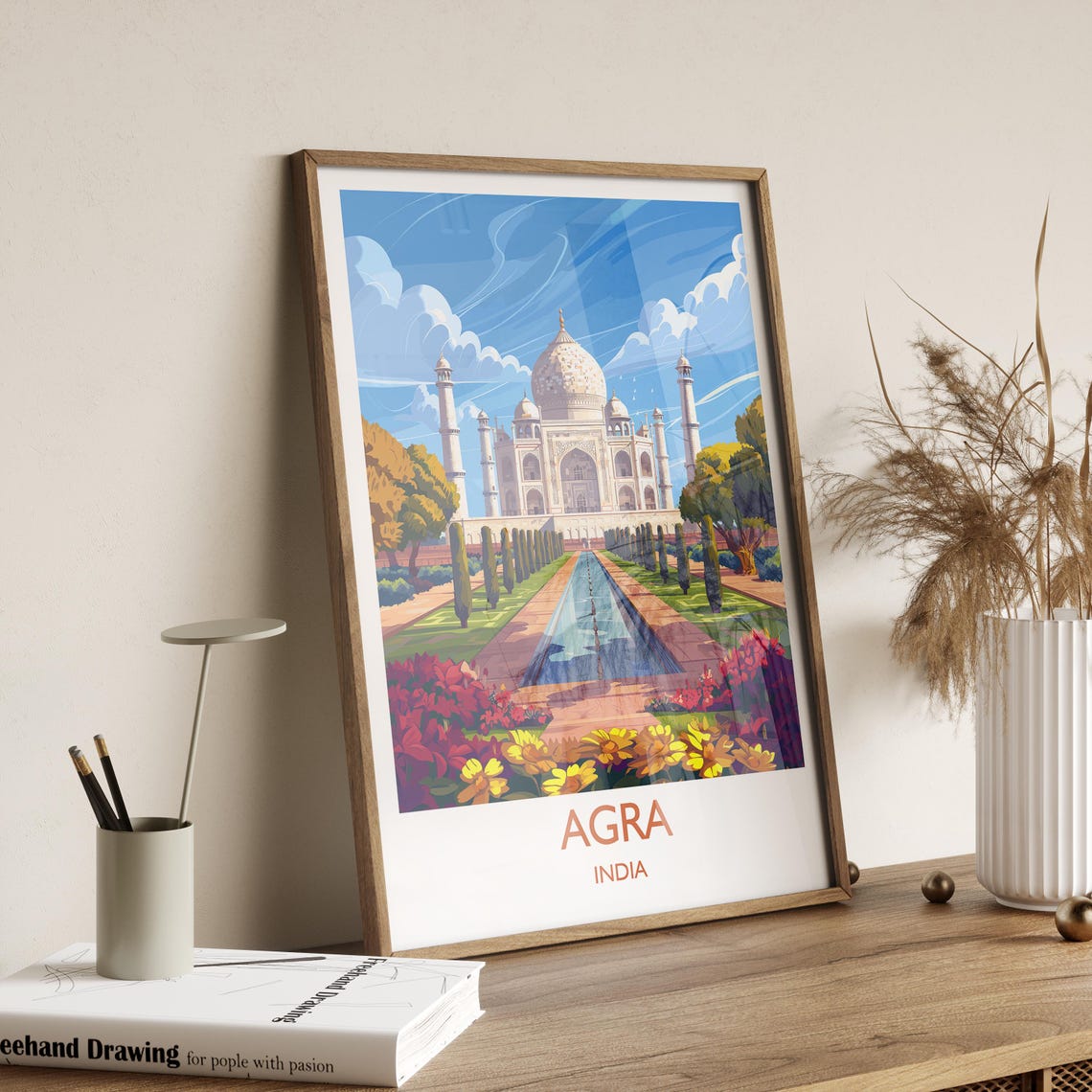 Agra Taj Mahal Long Reflecting Pool Gardens Floral Foreground Poster - Image 2