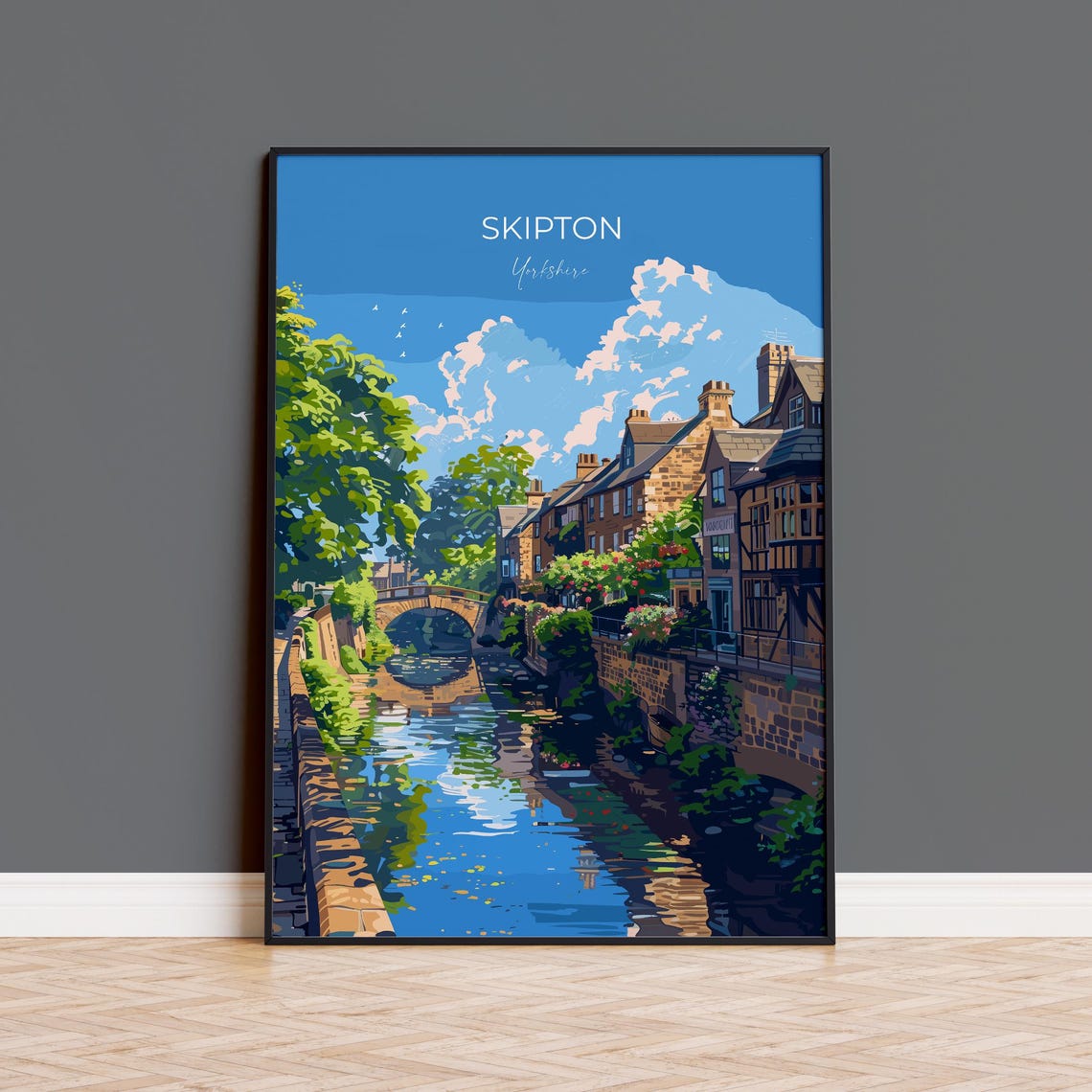 Skipton Yorkshire Arched Stone Bridge Canal Modern Travel Poster