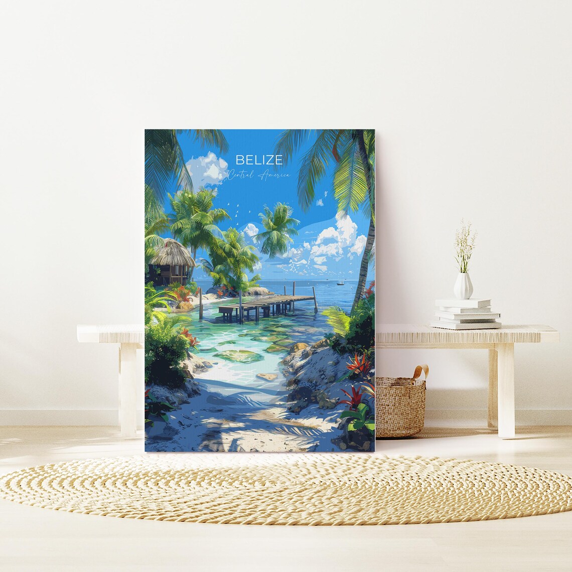 Belize Beach Cove Thatched Hut Wooden Jetty Turquoise Sea Travel Poster - Image 2