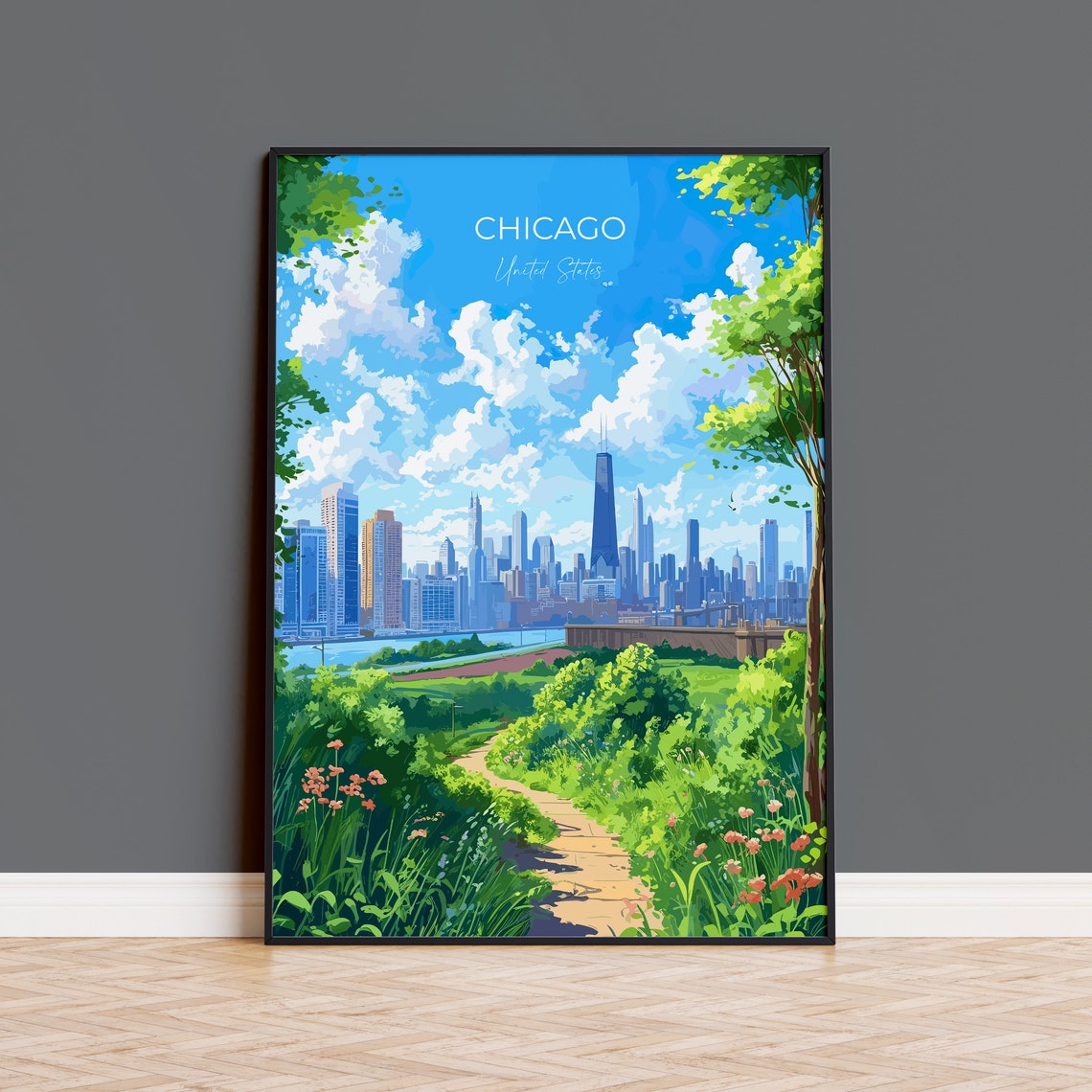 Chicago United States Skyline Tower Park Path Travel Poster City Gift
