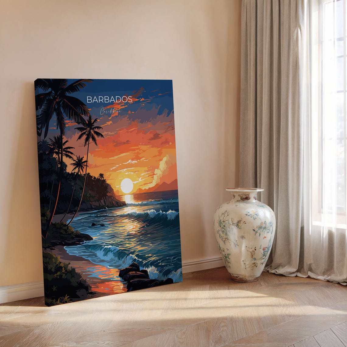 Barbados Caribbean Sunset Beach Palm Silhouette Travel Poster - Image 2
