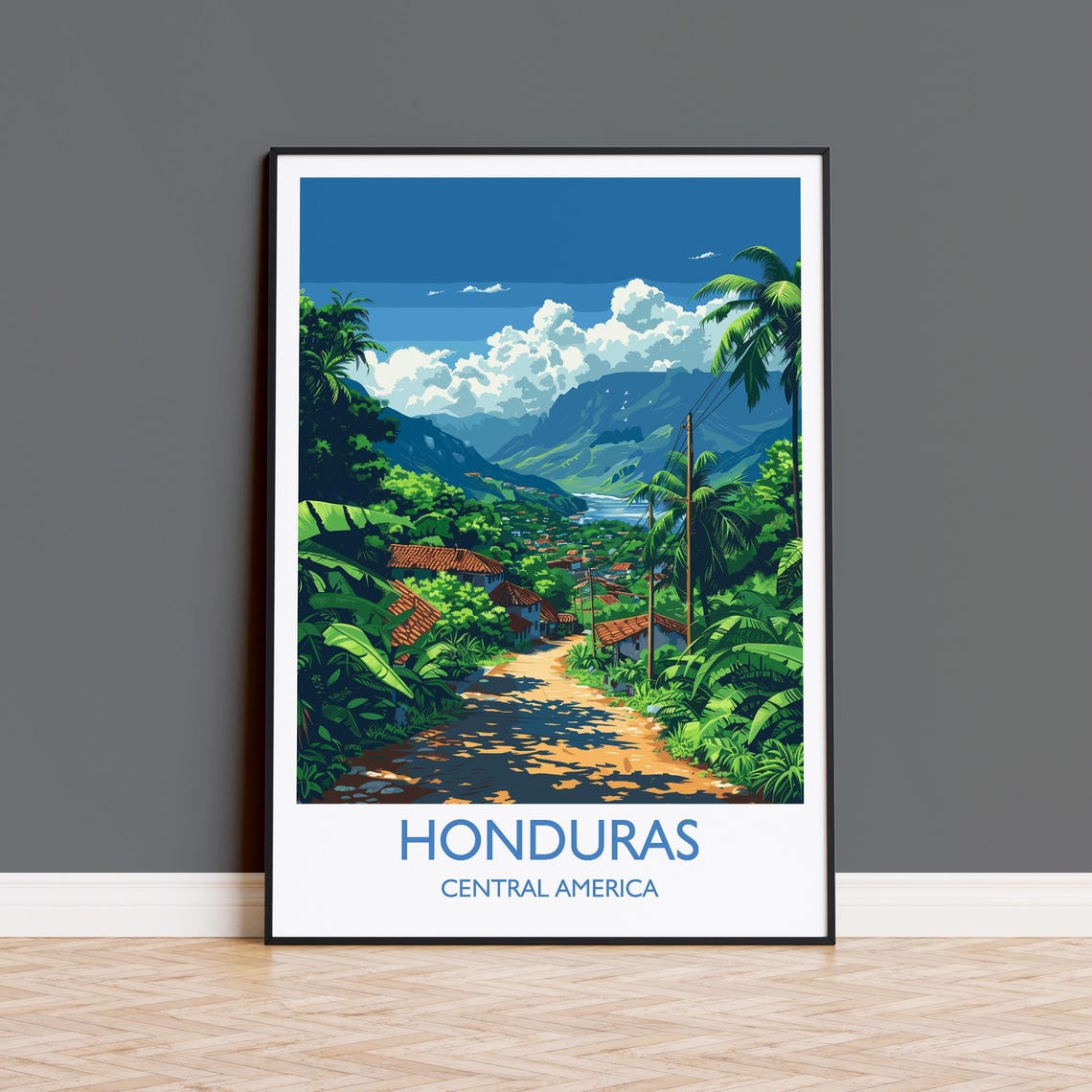 Honduras Tropical Valley Village Path Travel Poster With Title Below